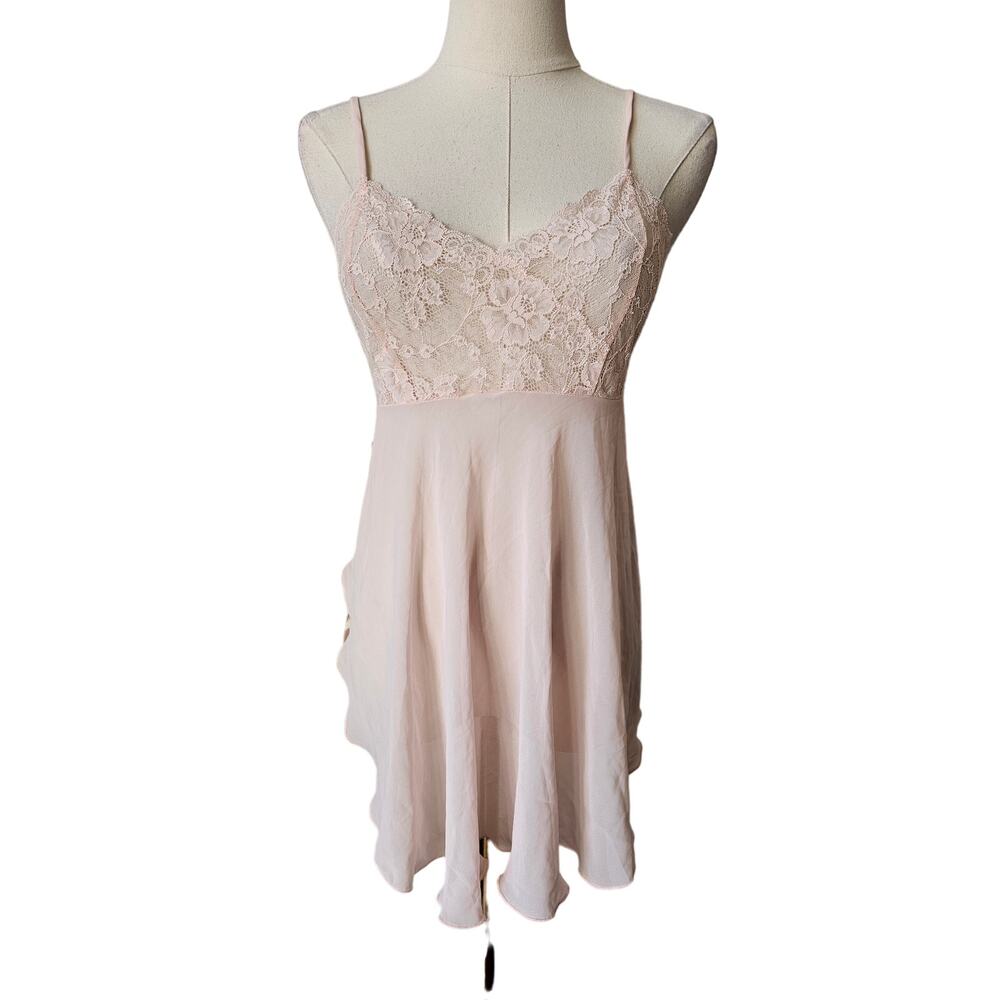 VTG Victoria's Secret Heart Label Pink Sheer Lace Slip Dress Babydoll‎ Bow Small